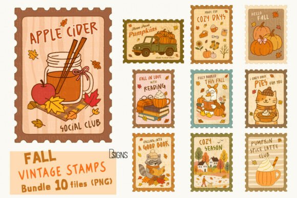 Download Fall Vintage Stamps Clipart Bundle Png - Clipart Collection