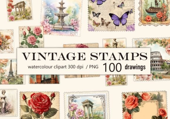 Download 100 Vintage Stamps Watercolor Clipart - Clipart Collection